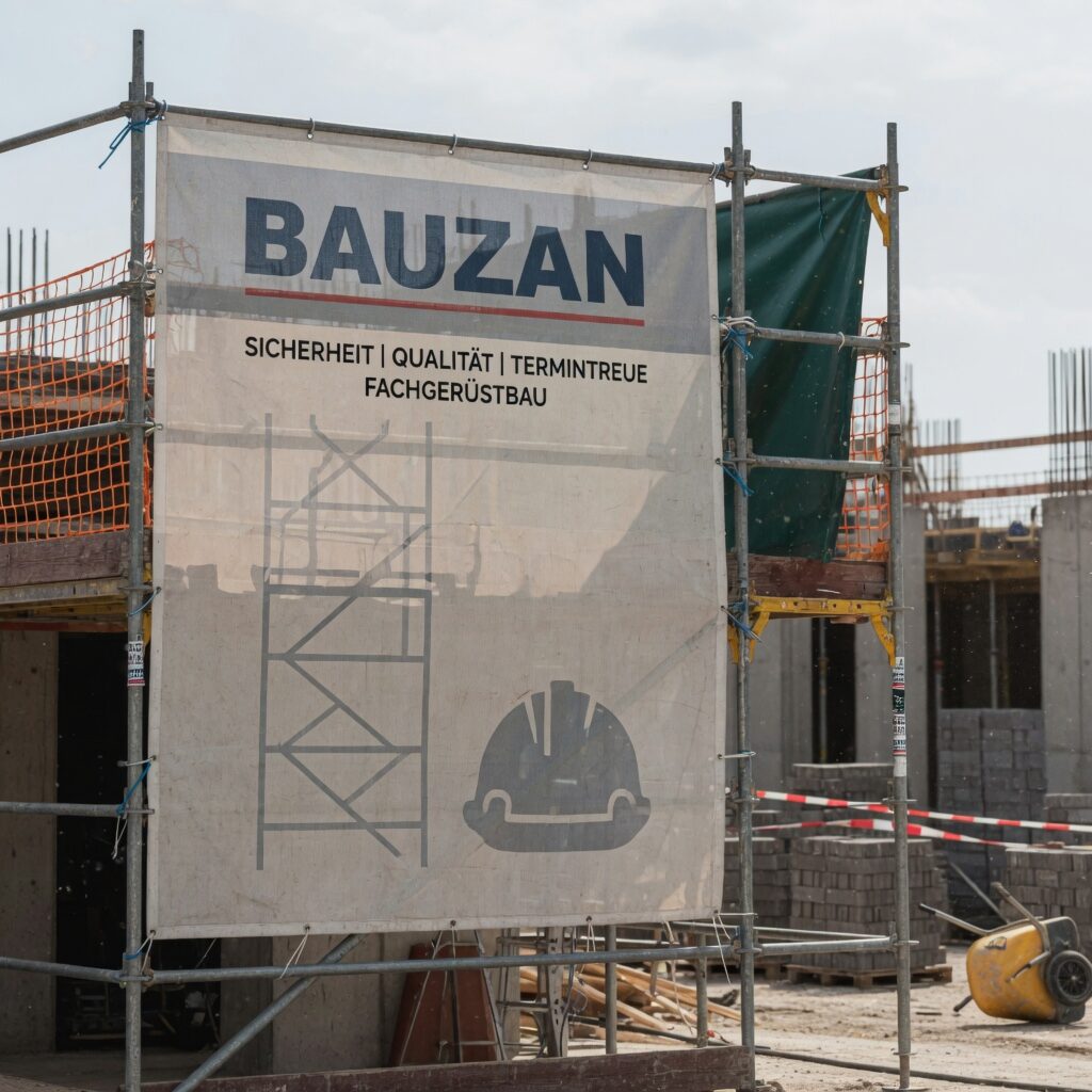 Ein bedrucktes Bauzaunbanner an einem Baugerüst