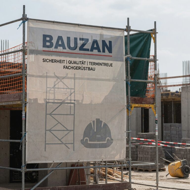 Ein bedrucktes Bauzaunbanner an einem Baugerüst