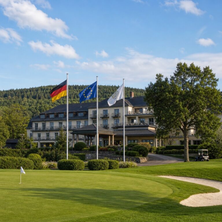 Drei wehende Werbefahnen und Länderflaggen vor einem Hotel.