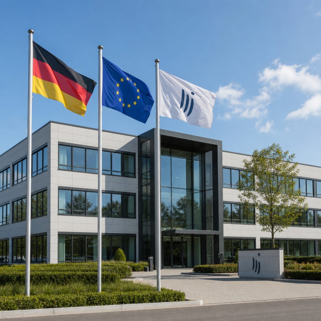 Drei wehende Länderflaggen und Werbefahnen vor einem Firmengebäude