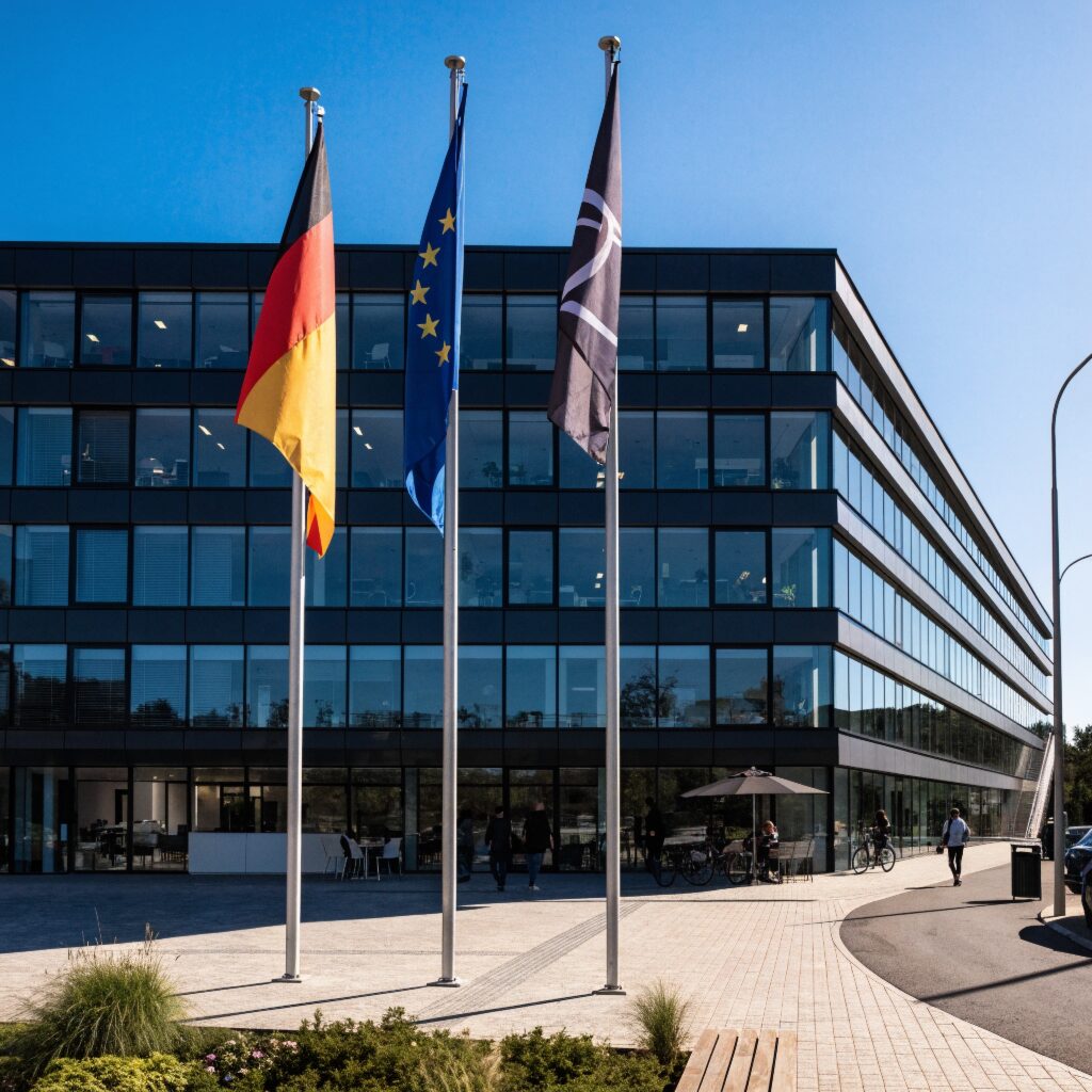 Drei Fahnenmasten mit Länderflaggen vor einem Firmengebäude