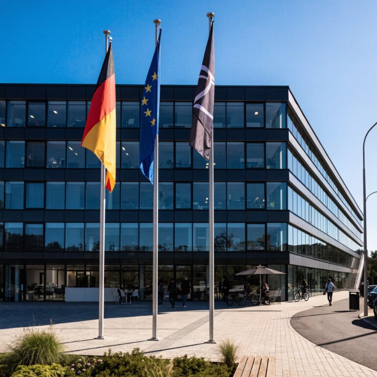 Drei Fahnenmasten mit Länderflaggen und Werbefahnen vor einem Firmengebäude