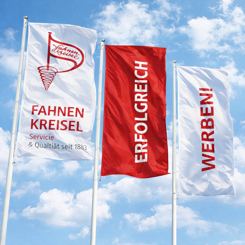 Bedruckte Werbefahnen wehen im Wind