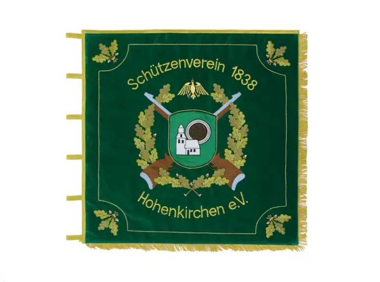 Gestickte Schützenvereinsfahne mit Motiv gekreuzte Gewehre und Wappen