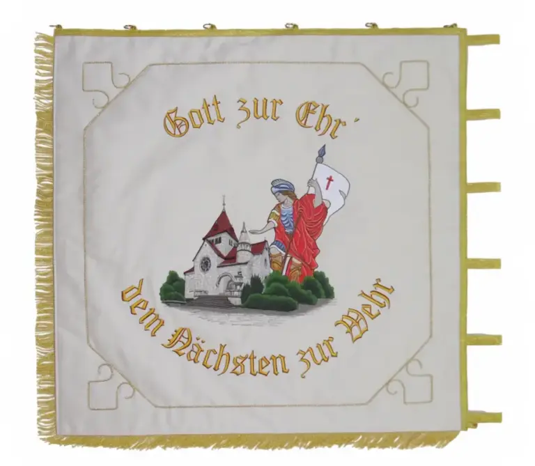 Neuherstellung gestickte Feuerwehrfahne mit Motiv Schutzpatron heiliger Florian mit Häusern und Traditionsspruch