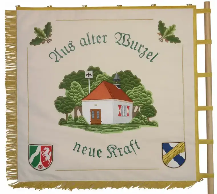 Gestickte Schützenvereinsfahne mit Haus und Traditionsspruch