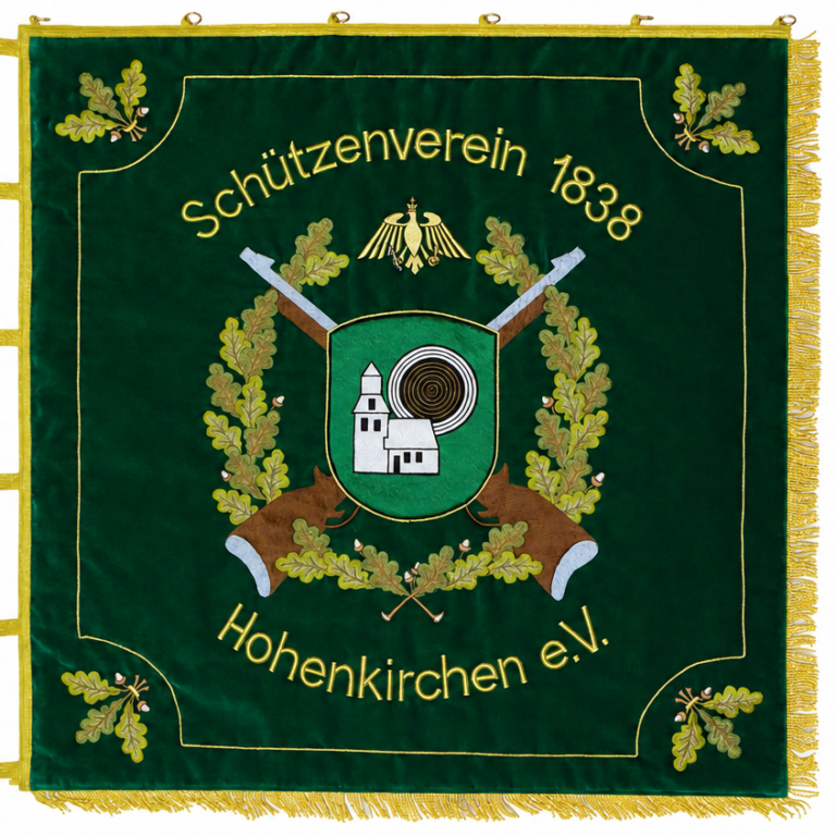 Neuherstellung gestickte Schützenvereinsfahne mit Motiv gekreuzte Gewehre, Eichenlaub und Wappen