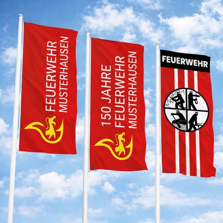 Wehende Mastfahnen mit Motiv Feuerwehrsignet sowie 150 Jahre Feuerwehr Musterhause