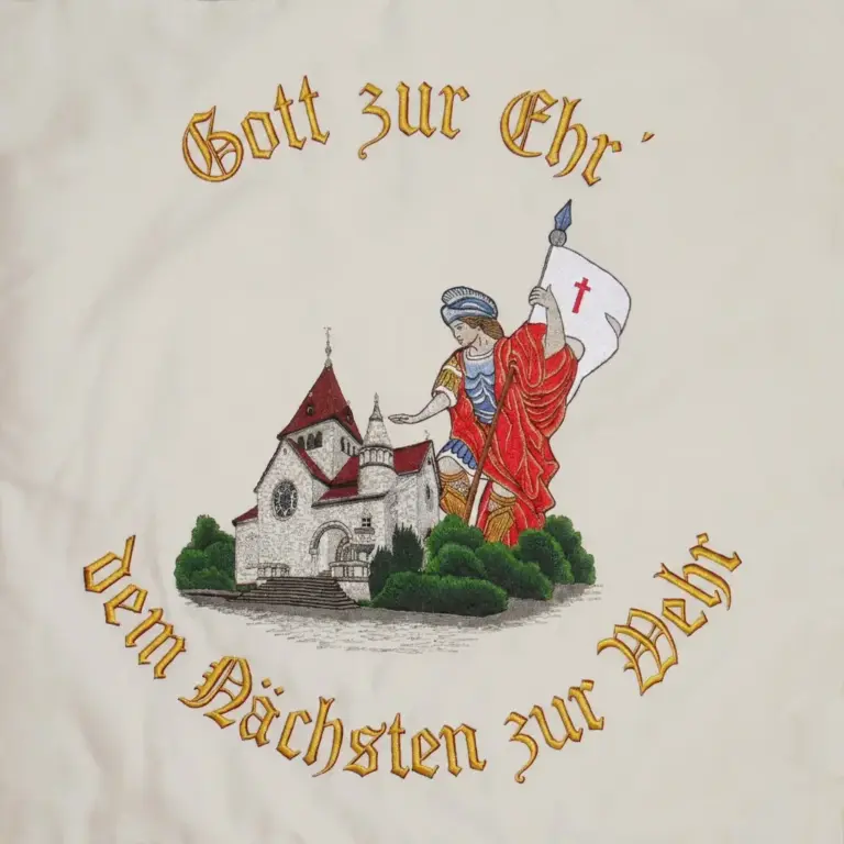 Neuherstellung gestickte Feuerwehrfahne mit Motiv Florian und Häuser