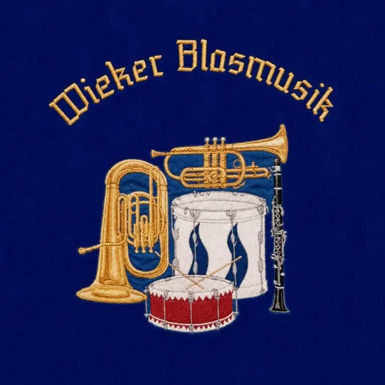 Gestickte Musikvereinsfahne mit Motiv Musikinstrumente