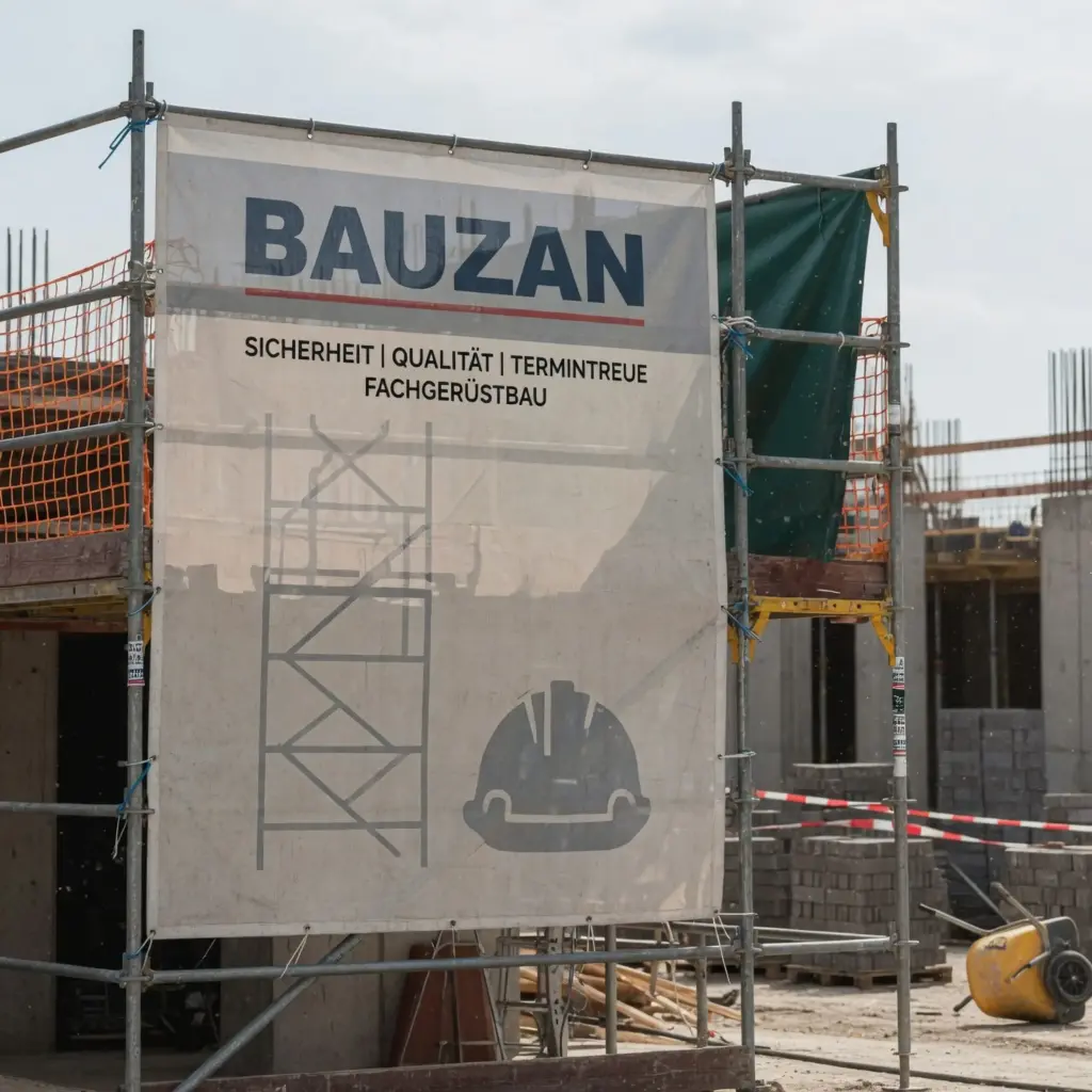 Ein bedrucktes Bauzaunbanner an einem Baugerüst