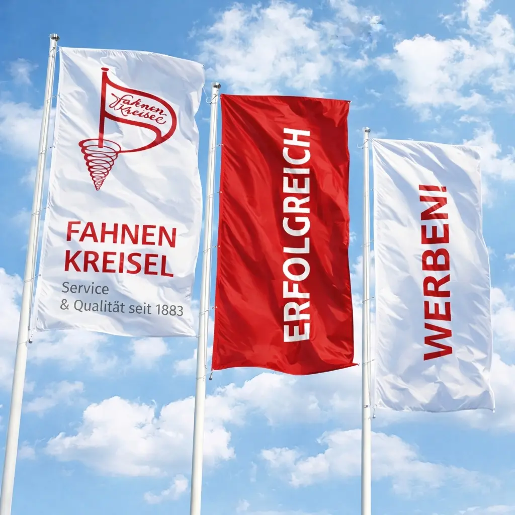 Bedruckte Werbefahnen wehen am Mast.