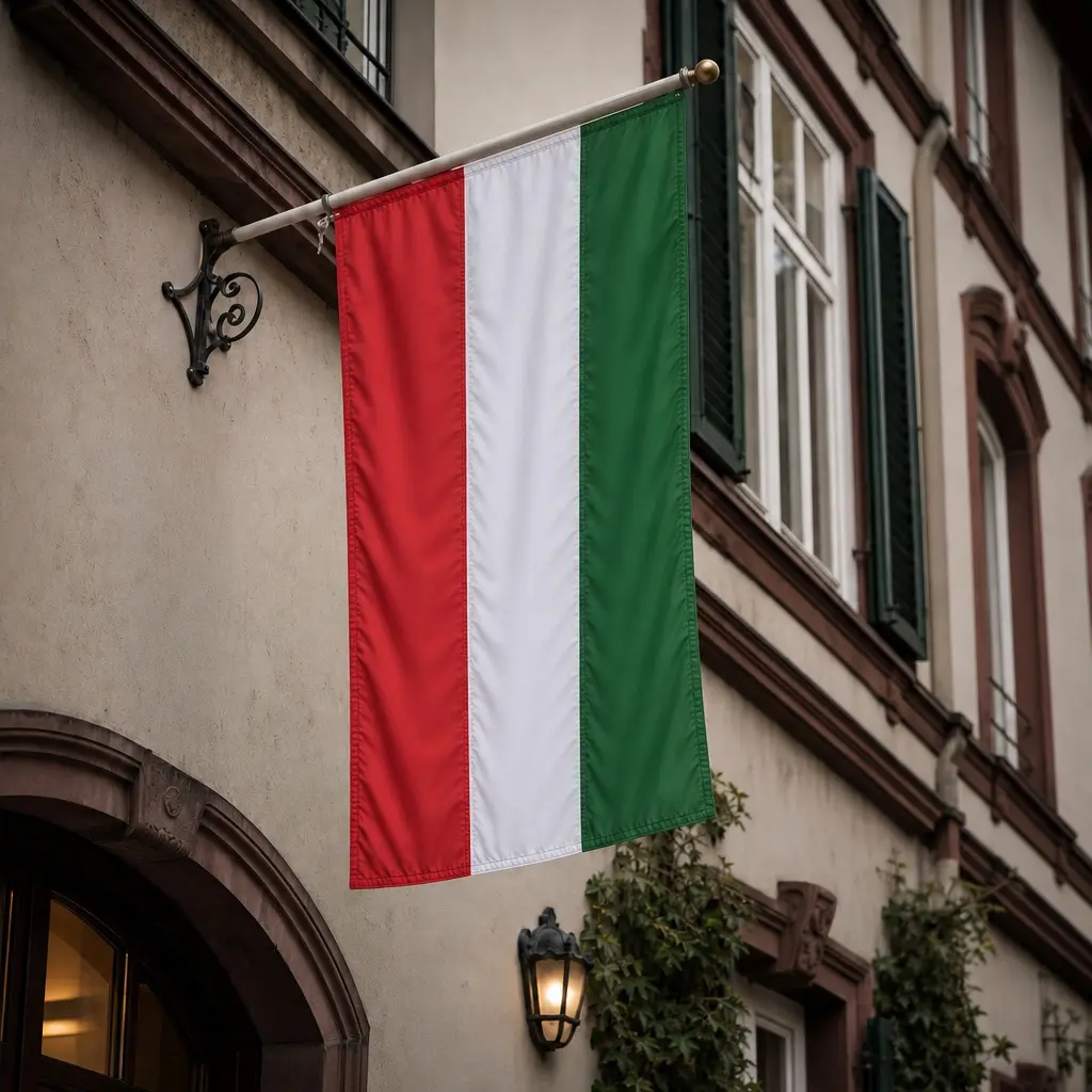 Hängefahne in Farben der Studentenverbindung vor dem Verbindungshaus